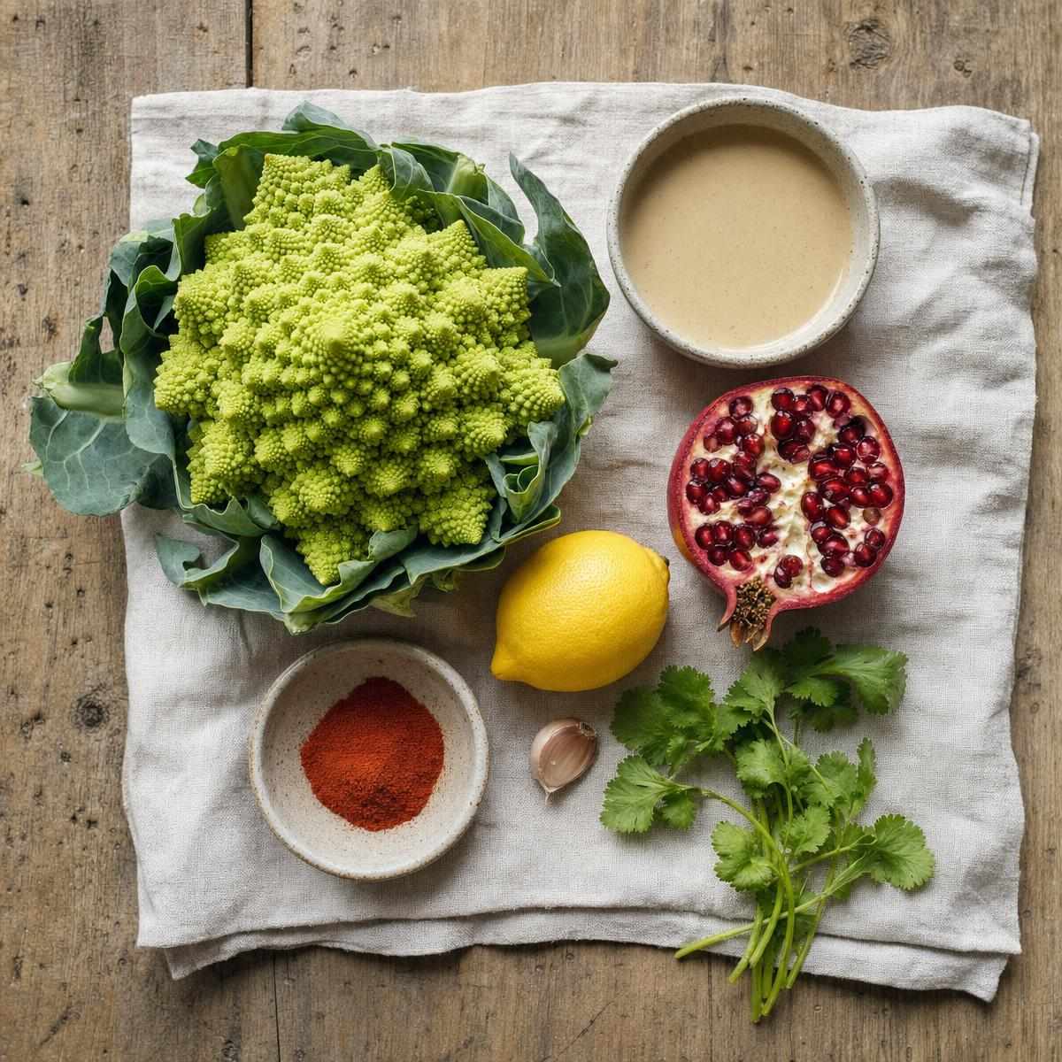Ingrediënten voor Geroosterde groene bloemkool met tahin-citroen dressing en granaatappel (AI-gegenereerde afbeelding)