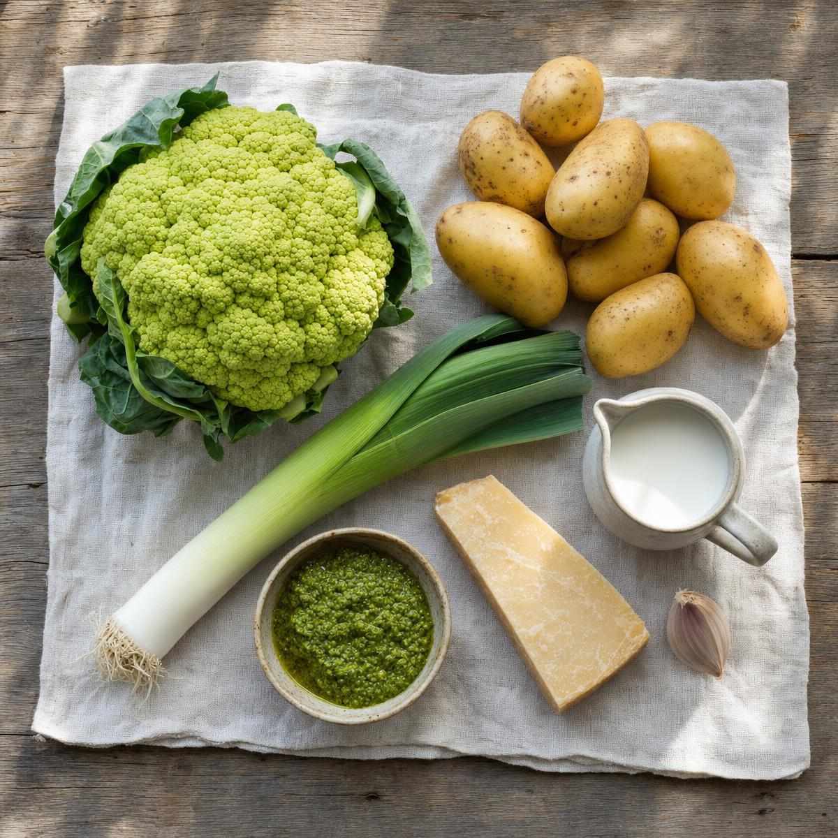 Ingrediënten voor Groene bloemkool ovenschotel met prei, aardappel en pesto-kaassaus (AI-gegenereerde afbeelding)