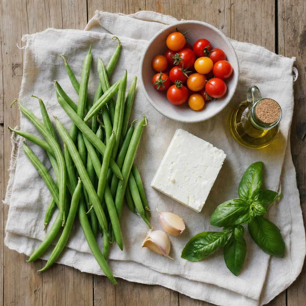 Ingrediënten voor Sperziebonen met feta en tomaat uit de oven (AI-gegenereerde afbeelding)