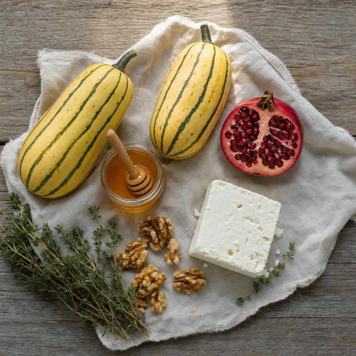 Ingrediënten voor Geroosterde delicata pompoen met honing, tijm en feta (AI-gegenereerde afbeelding)