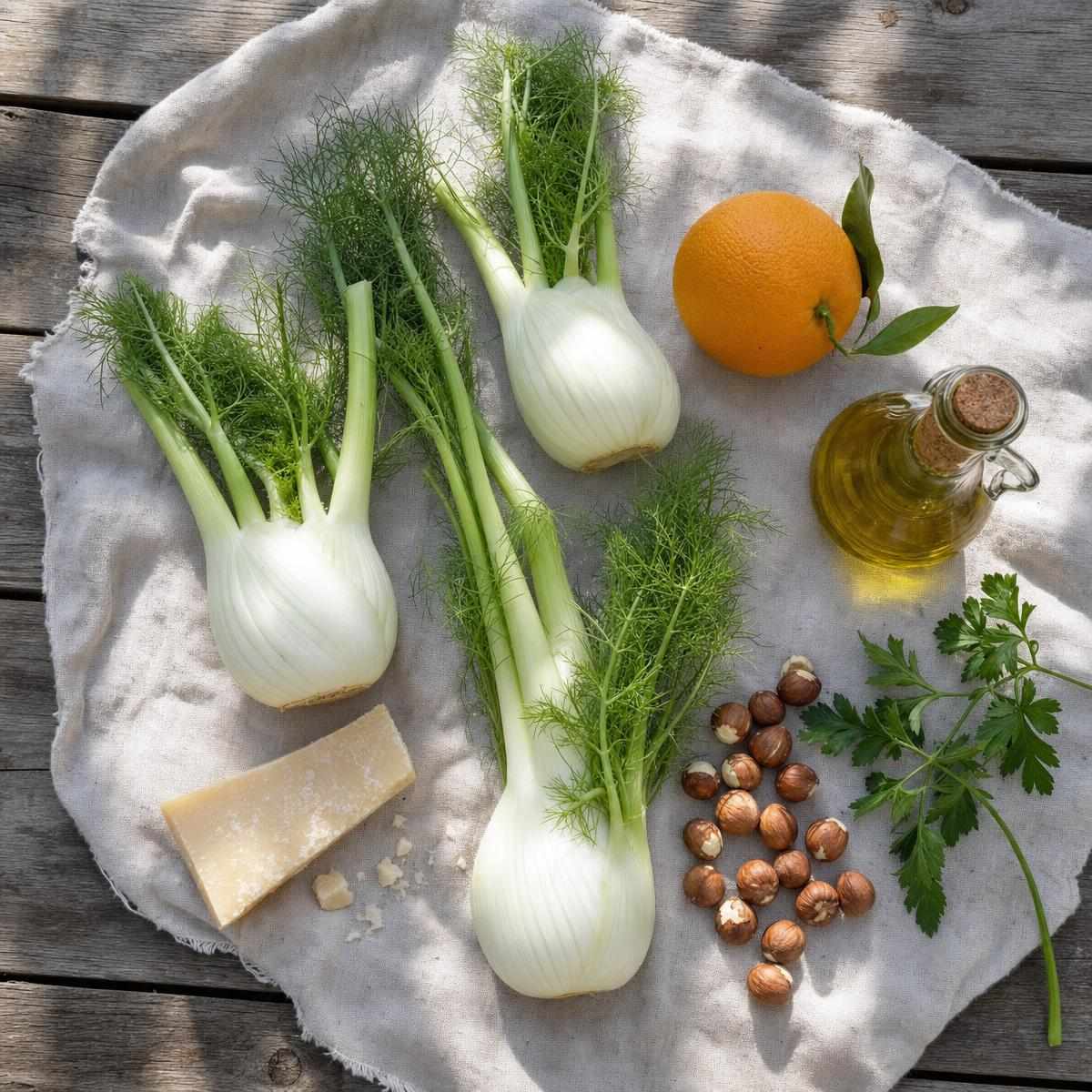 IngrediΓ«nten voor Geroosterde knolvenkel met sinaasappel en Parmezaan (AI-gegenereerde afbeelding)