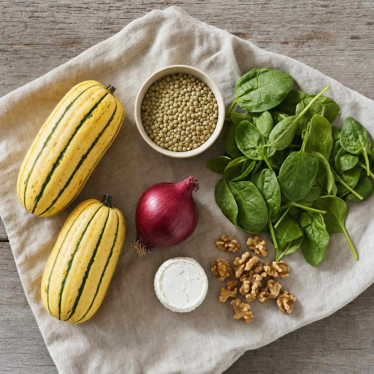 Ingrediënten voor Gevulde delicata pompoen met linzen, spinazie en geitenkaas (AI-gegenereerde afbeelding)
