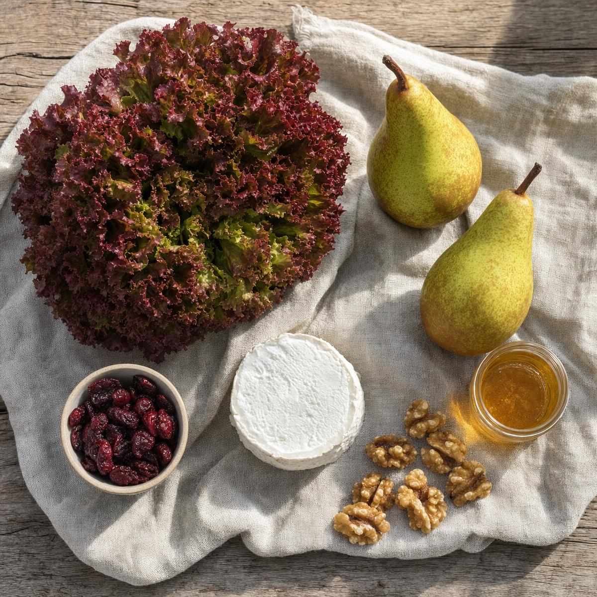 Ingrediënten voor Lollo Rosso salade met peer, walnoten en geitenkaas (AI-gegenereerde afbeelding)