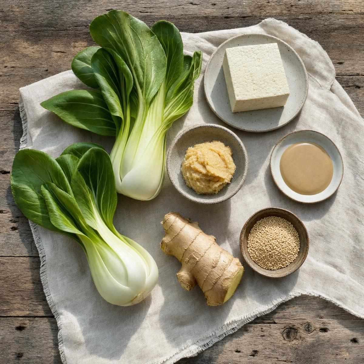 Ingrediënten voor Paksoi met miso-sesamsaus en krokante tofu (AI-gegenereerde afbeelding)