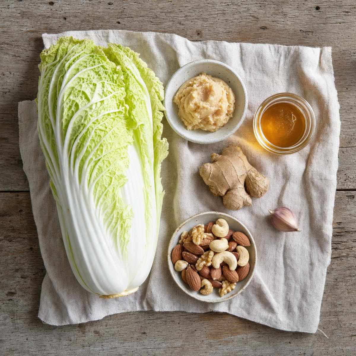 Ingrediënten voor Gegrilde Chinese kool met miso-honing dressing en geroosterde noten (AI-gegenereerde afbeelding)