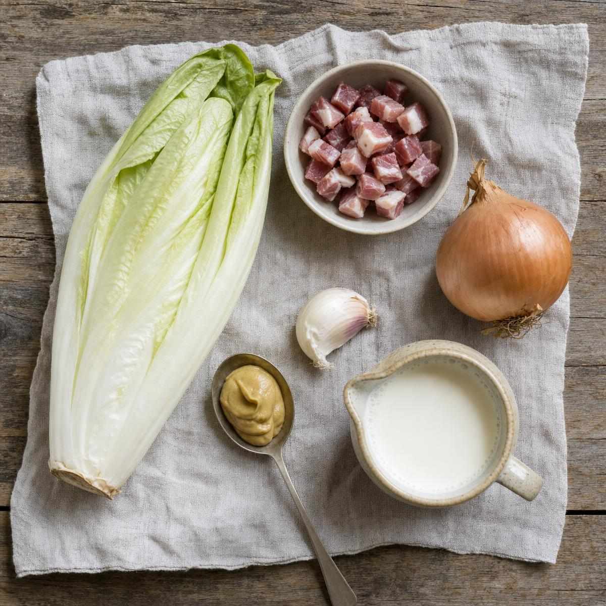 Ingrediënten voor Gestoofde groenlof met spekjes en ui (AI-gegenereerde afbeelding)