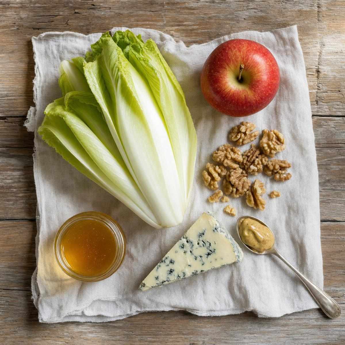 IngrediΓ«nten voor Groenlof met appel, walnoot en honingdressing (AI-gegenereerde afbeelding)