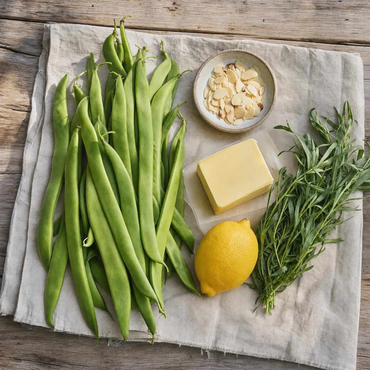 IngrediΓ«nten voor Herenboontjes met citroenboter, amandelen en verse dragon (AI-gegenereerde afbeelding)