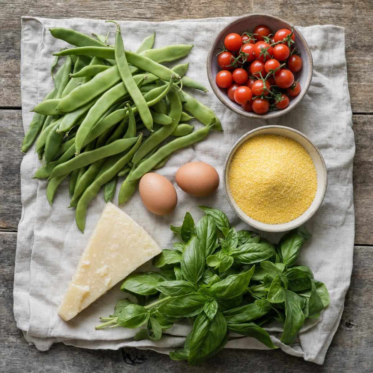 Ingrediënten voor Luxe herenboontjes met romige polenta, geroosterde tomaatjes en gepocheerd ei (AI-gegenereerde afbeelding)