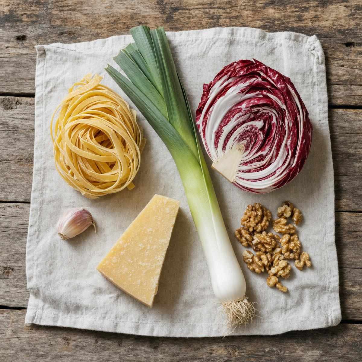 Ingrediënten voor Pasta met prei, radicchio en walnoten (AI-gegenereerde afbeelding)