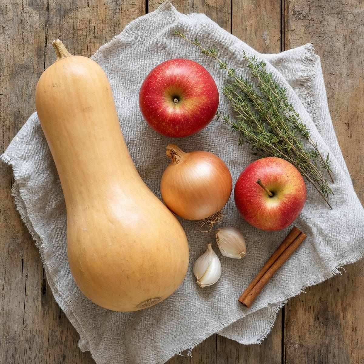Ingrediënten voor Pompoensoep met appel, tijm en een vleugje kaneel (AI-gegenereerde afbeelding)