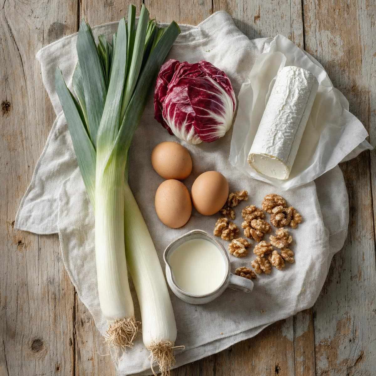 Ingrediënten voor Quiche met prei, radicchio en geitenkaas (AI-gegenereerde afbeelding)