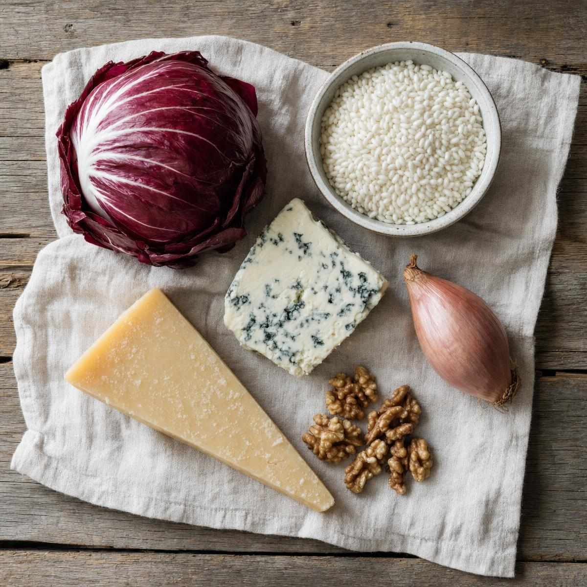 Ingrediënten voor Risotto met radicchio, rode wijn en gorgonzola (AI-gegenereerde afbeelding)