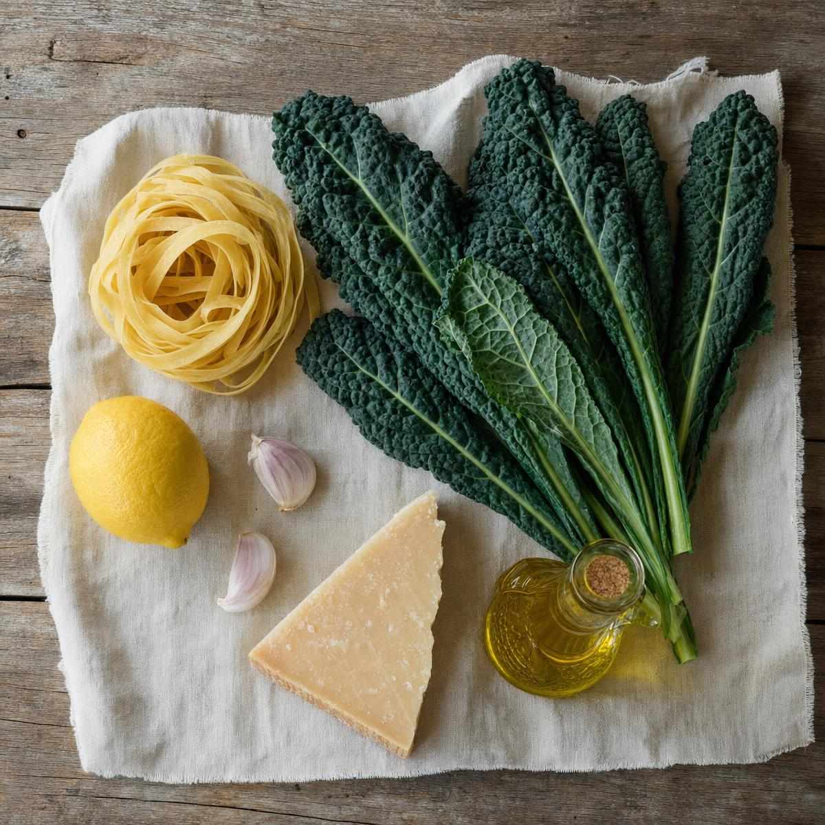 Ingrediënten voor Tagliatelle met palmkool, citroen en Parmezaan (AI-gegenereerde afbeelding)