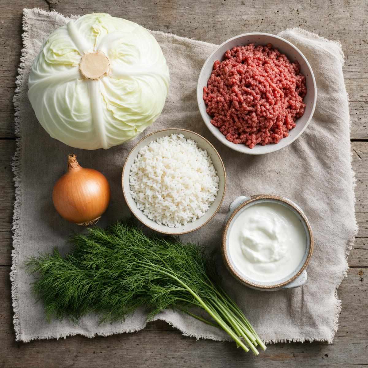 Ingrediënten voor Witte kool-rolletjes met kruidige vulling en yoghurt-dillesaus (AI-gegenereerde afbeelding)