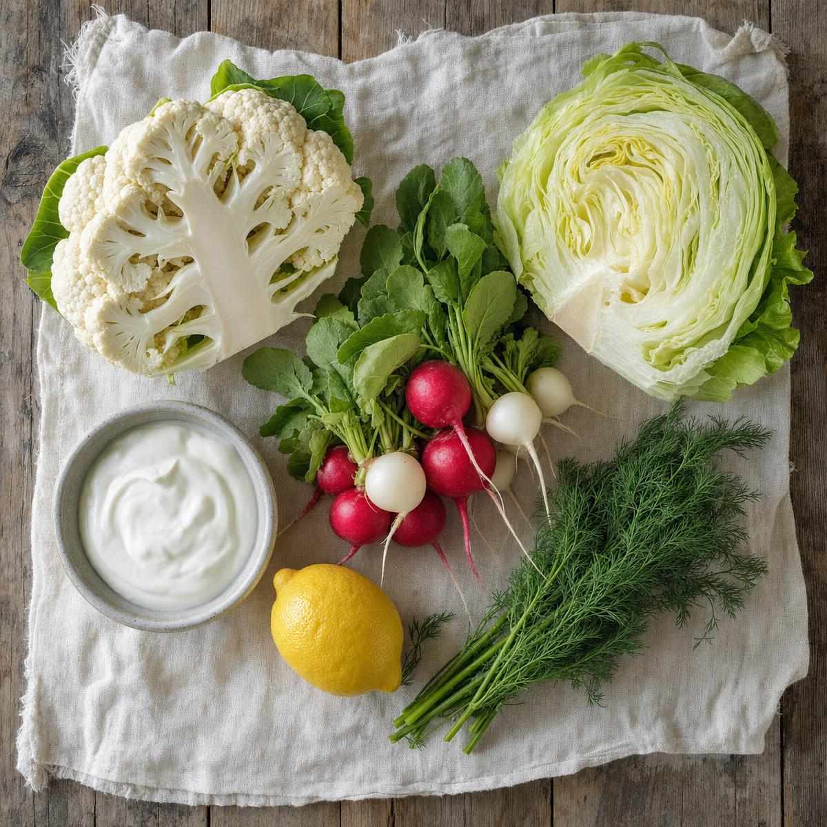 Ingrediënten voor Knapperige salade met bloemkool, ijsbergsla en radijs (AI-gegenereerde afbeelding)