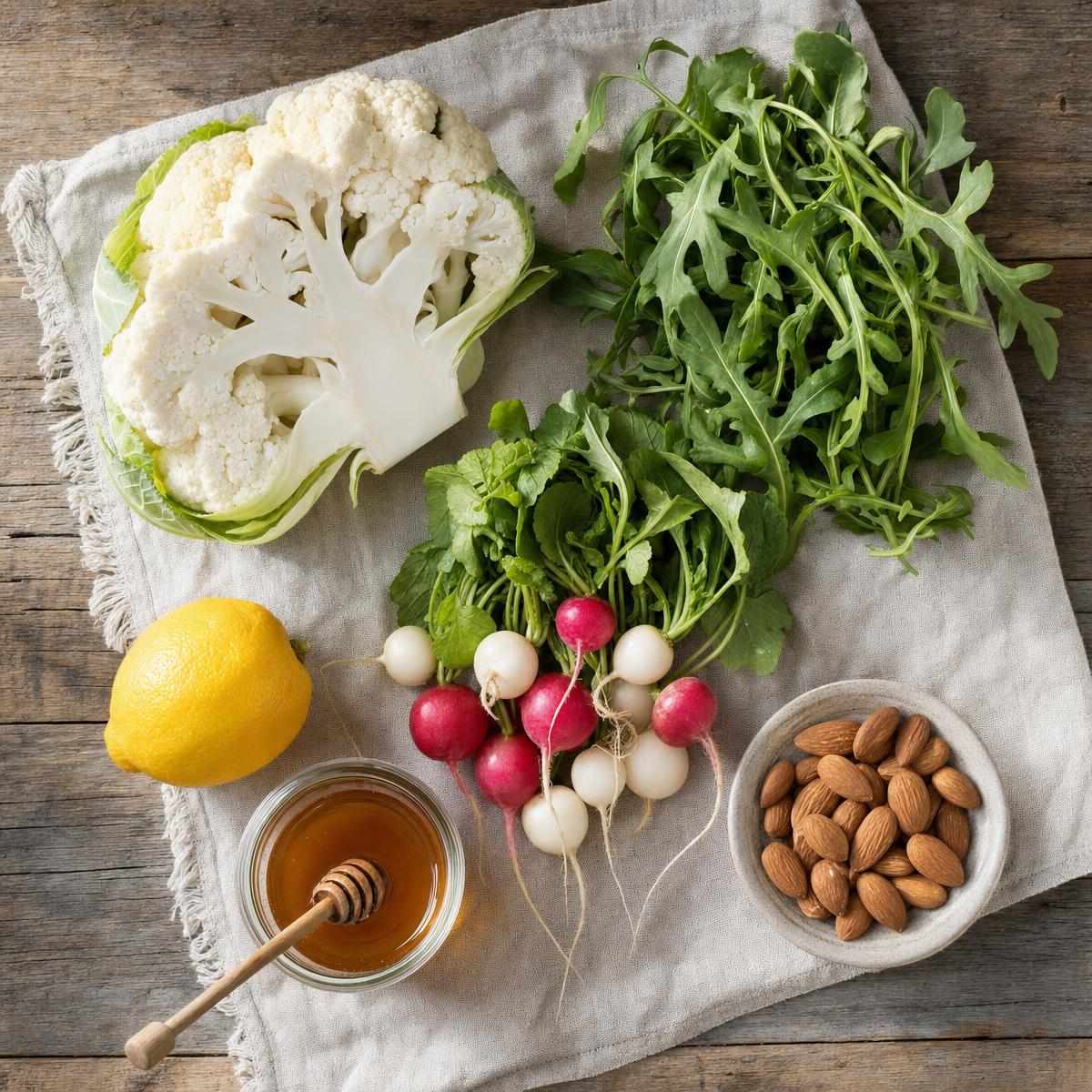 Ingrediënten voor Lauwwarme bloemkoolsalade met rucola en radijs (AI-gegenereerde afbeelding)