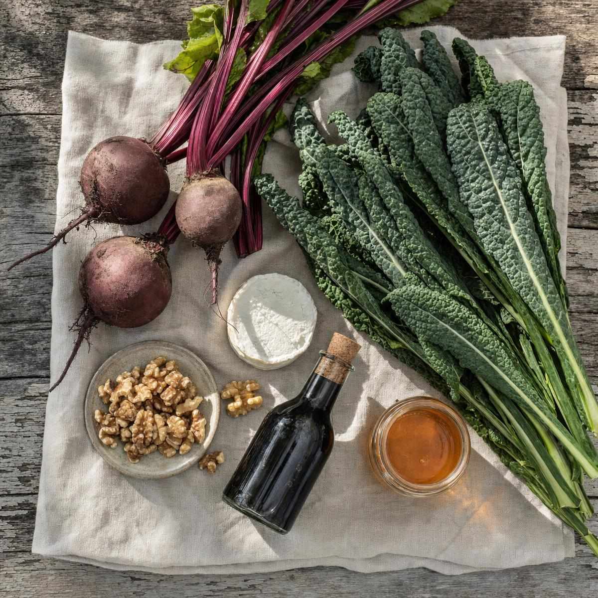 IngrediΓ«nten voor Lauwwarme salade van palmkool en geroosterde bietjes (AI-gegenereerde afbeelding)