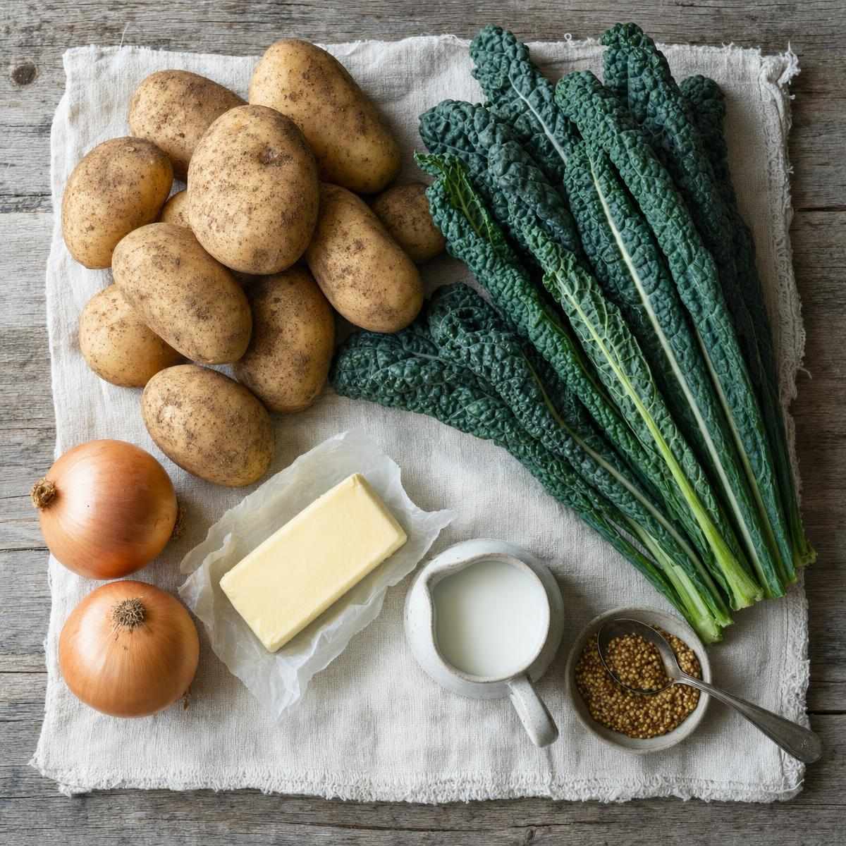 Ingrediënten voor Stamppot met palmkool en geroosterde ui (AI-gegenereerde afbeelding)