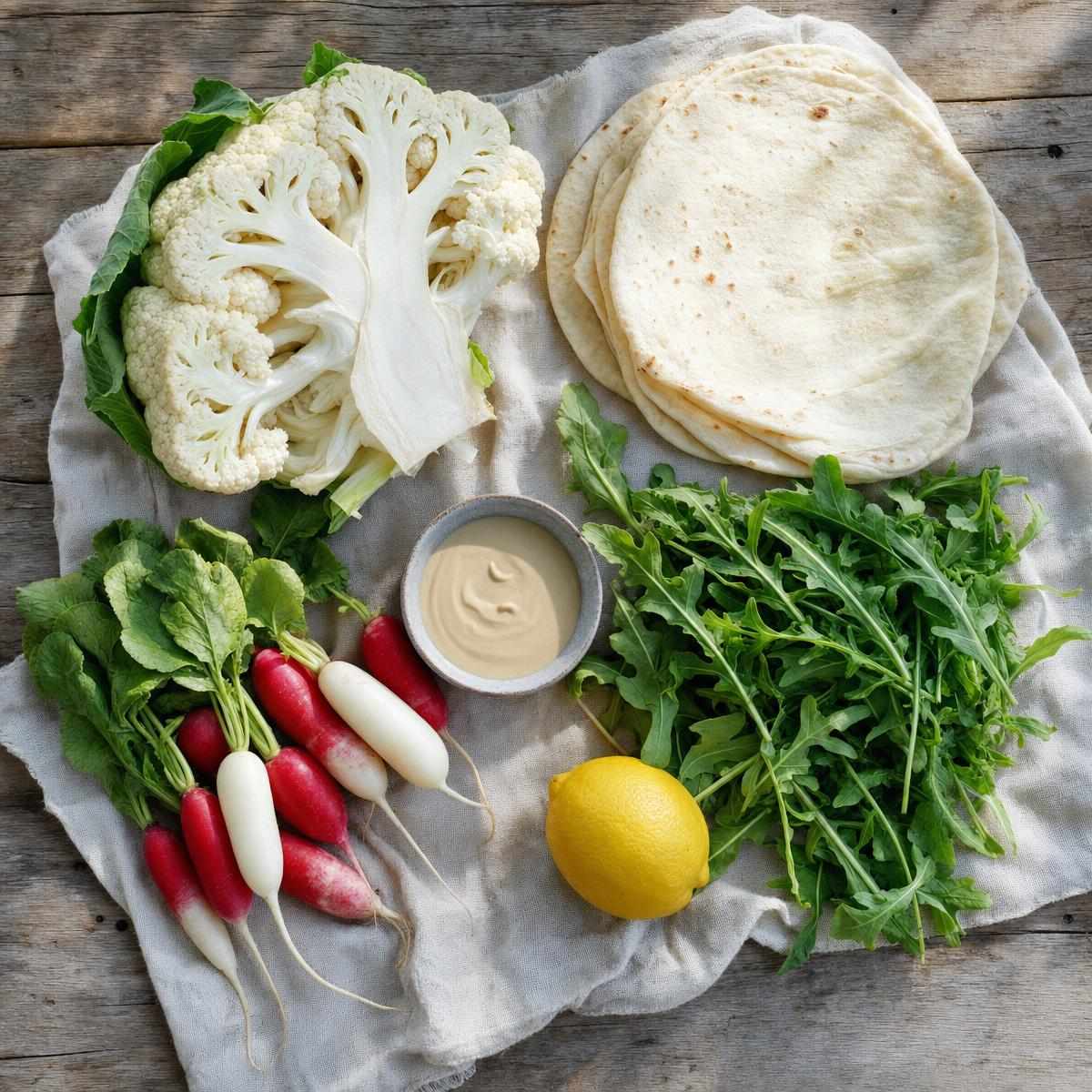 Ingrediënten voor Bloemkoolwraps met rucola en radijs (AI-gegenereerde afbeelding)