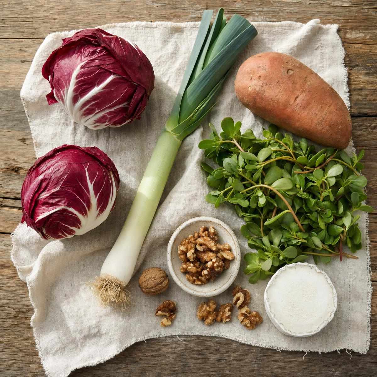 Ingrediënten voor Warme salade van geroosterde radicchio, prei en zoete aardappel (AI-gegenereerde afbeelding)