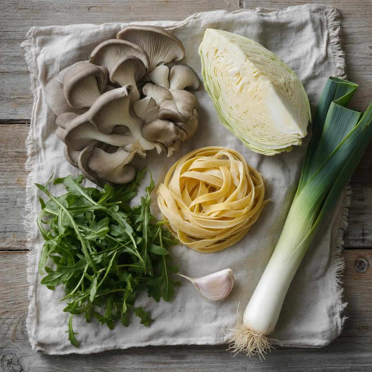Ingrediënten voor Pasta met oesterzwammen, witte kool, prei en rucola (AI-gegenereerde afbeelding)