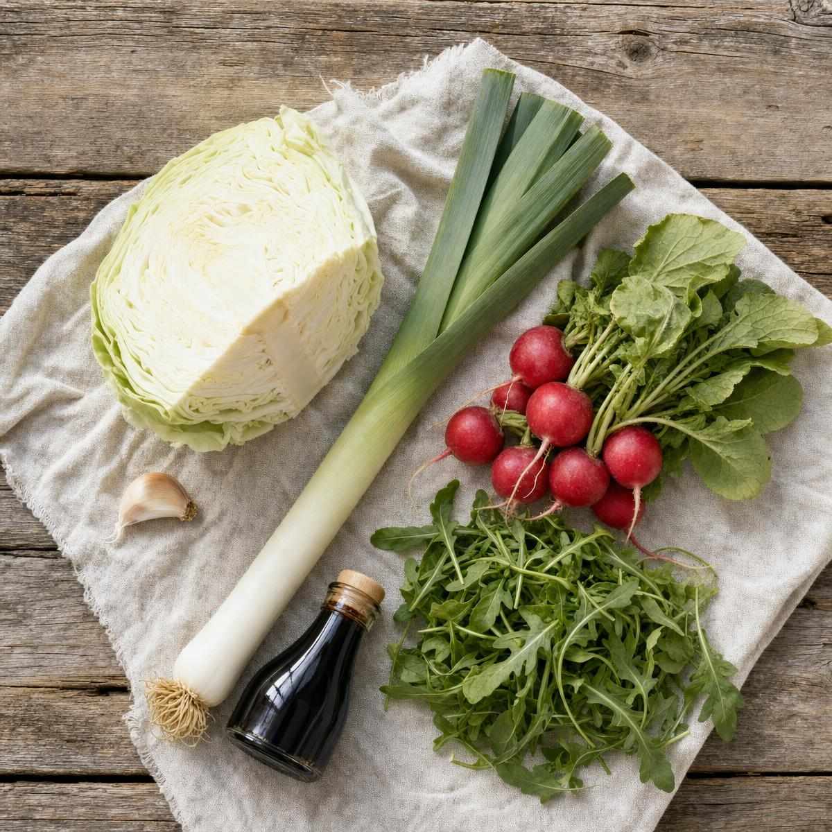 Ingrediënten voor Roerbak van witte kool, prei en radijs met rucola-topping (AI-gegenereerde afbeelding)