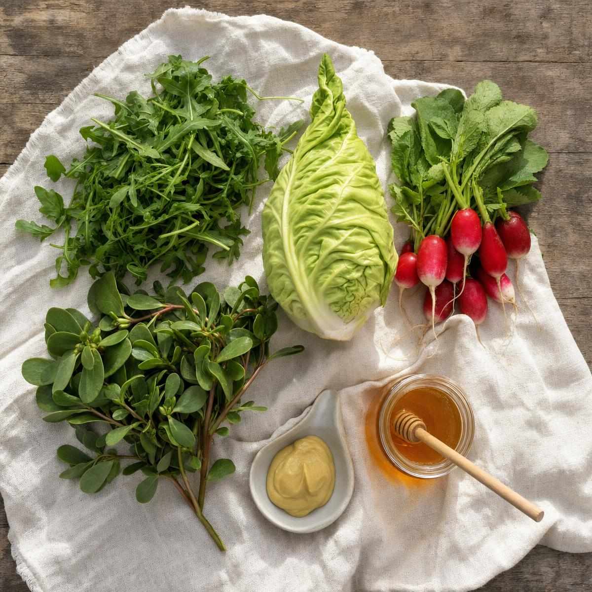 IngrediΓ«nten voor Winterse salade met rucola, postelein, radijs en spitskool (AI-gegenereerde afbeelding)