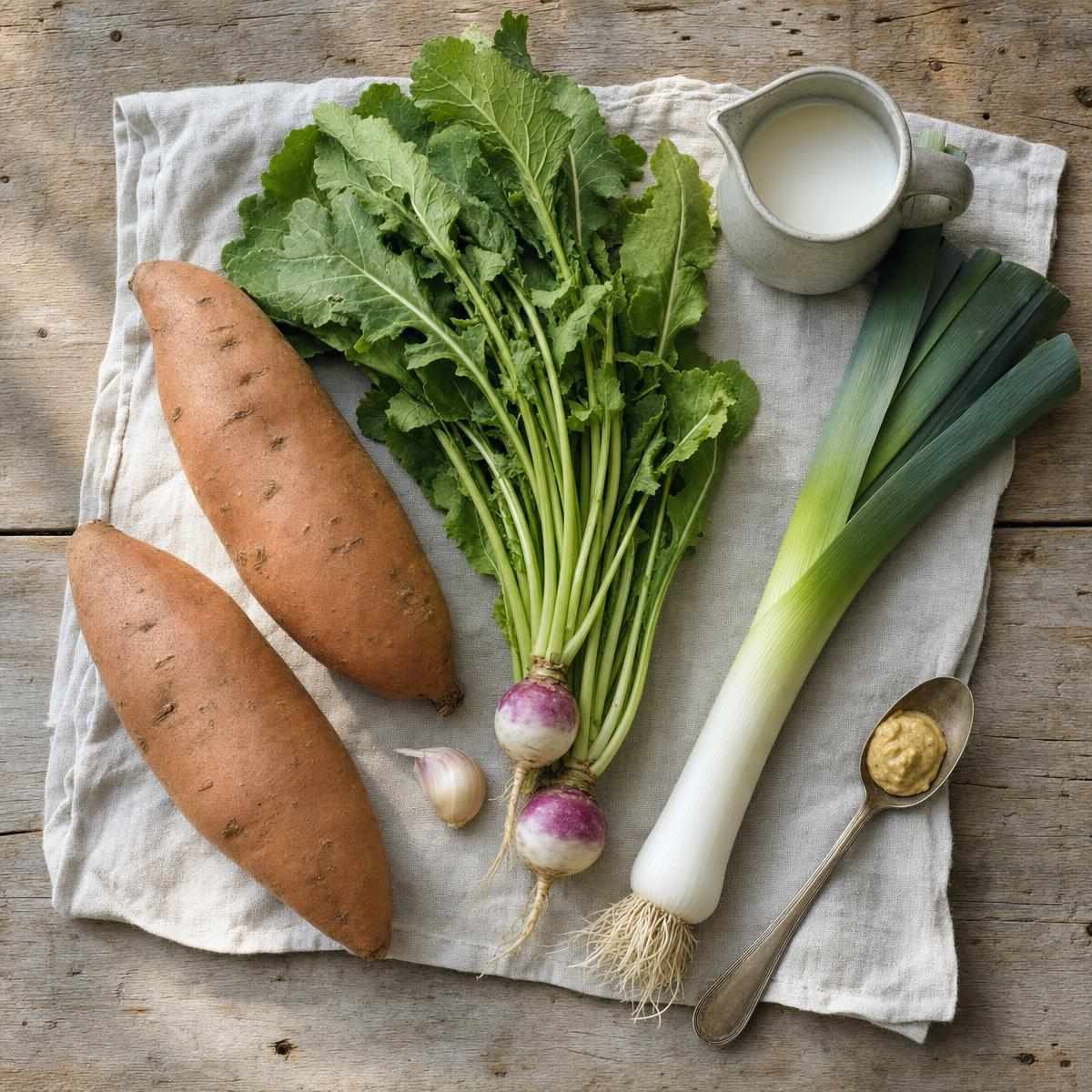 Ingrediënten voor Zoete aardappelstamppot met raapstelen en prei (AI-gegenereerde afbeelding)