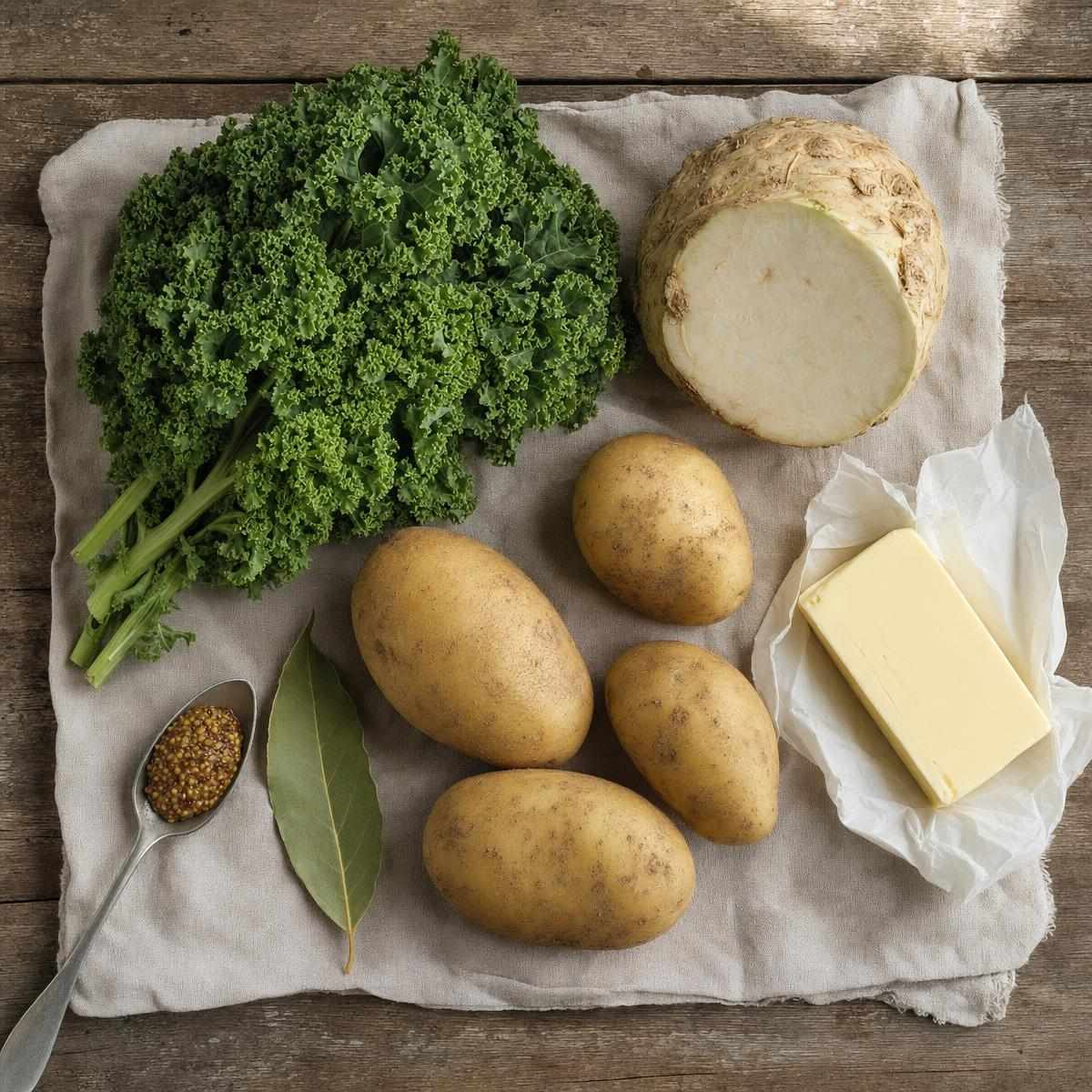 Ingrediënten voor Stamppot boerenkool met knolselderij (AI-gegenereerde afbeelding)
