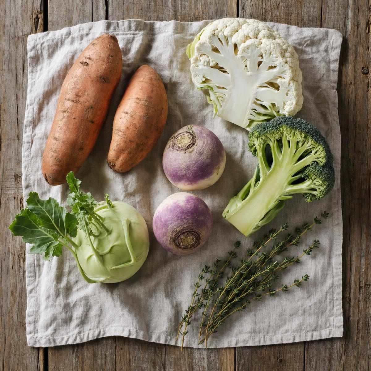 Ingrediënten voor Geroosterde herfstgroenten uit de oven (AI-gegenereerde afbeelding)