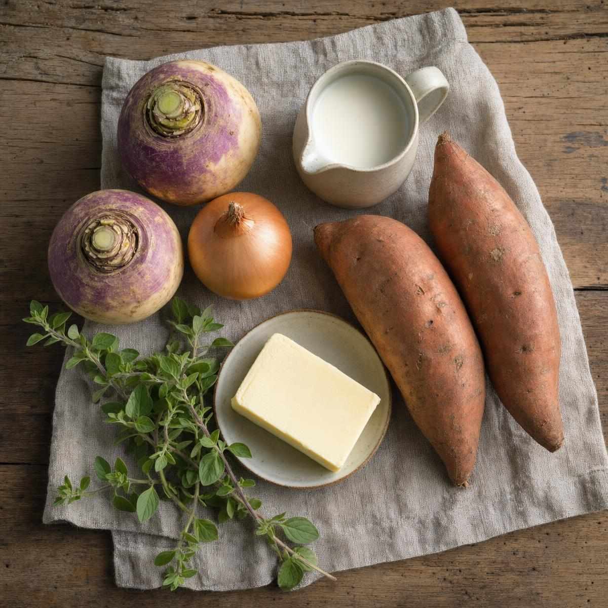 Ingrediënten voor Ouderwetse stamppot met herfstraap en zoete aardappel (AI-gegenereerde afbeelding)
