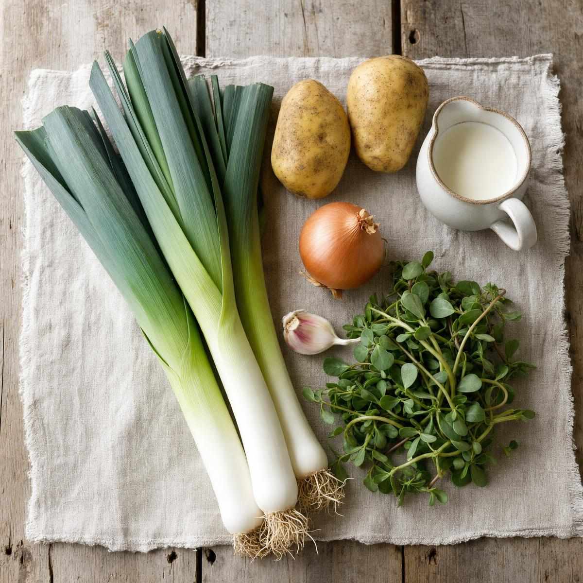 Ingrediënten voor Romige preisoep met winterpostelein (AI-gegenereerde afbeelding)