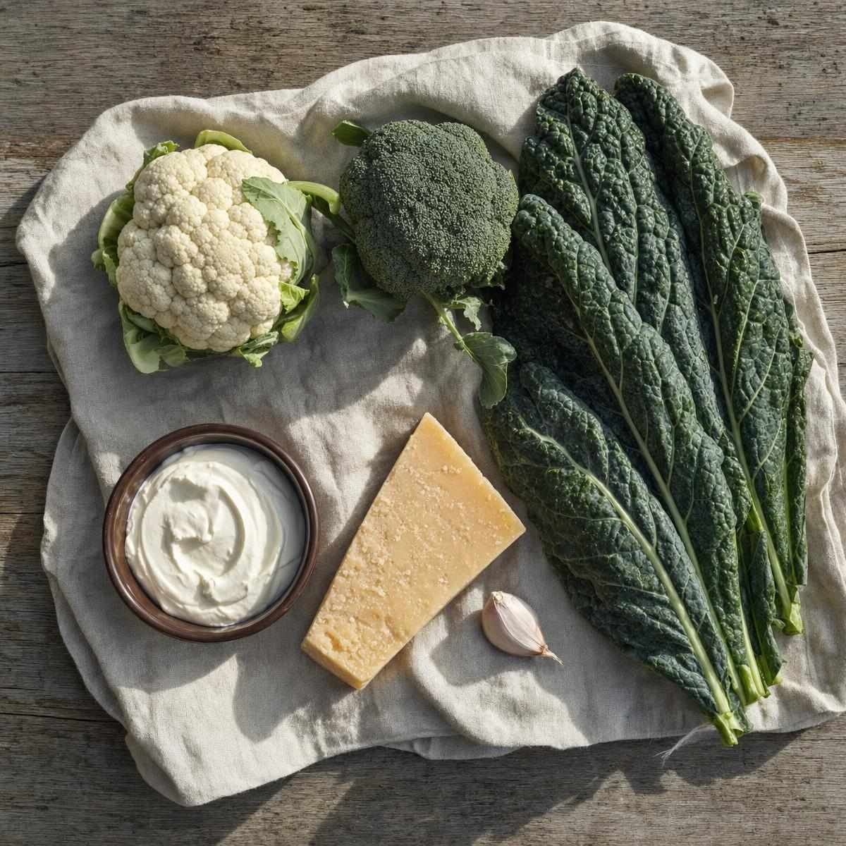 Ingrediënten voor Broccoli-bloemkool ovenschotel met palmkool (AI-gegenereerde afbeelding)