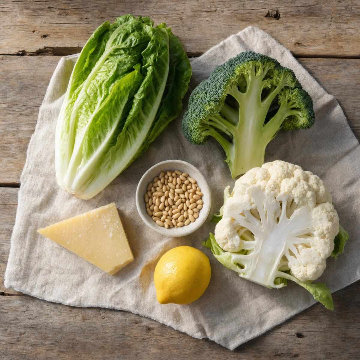 Ingrediënten voor Bindsla met geroosterde broccoli en bloemkool (AI-gegenereerde afbeelding)