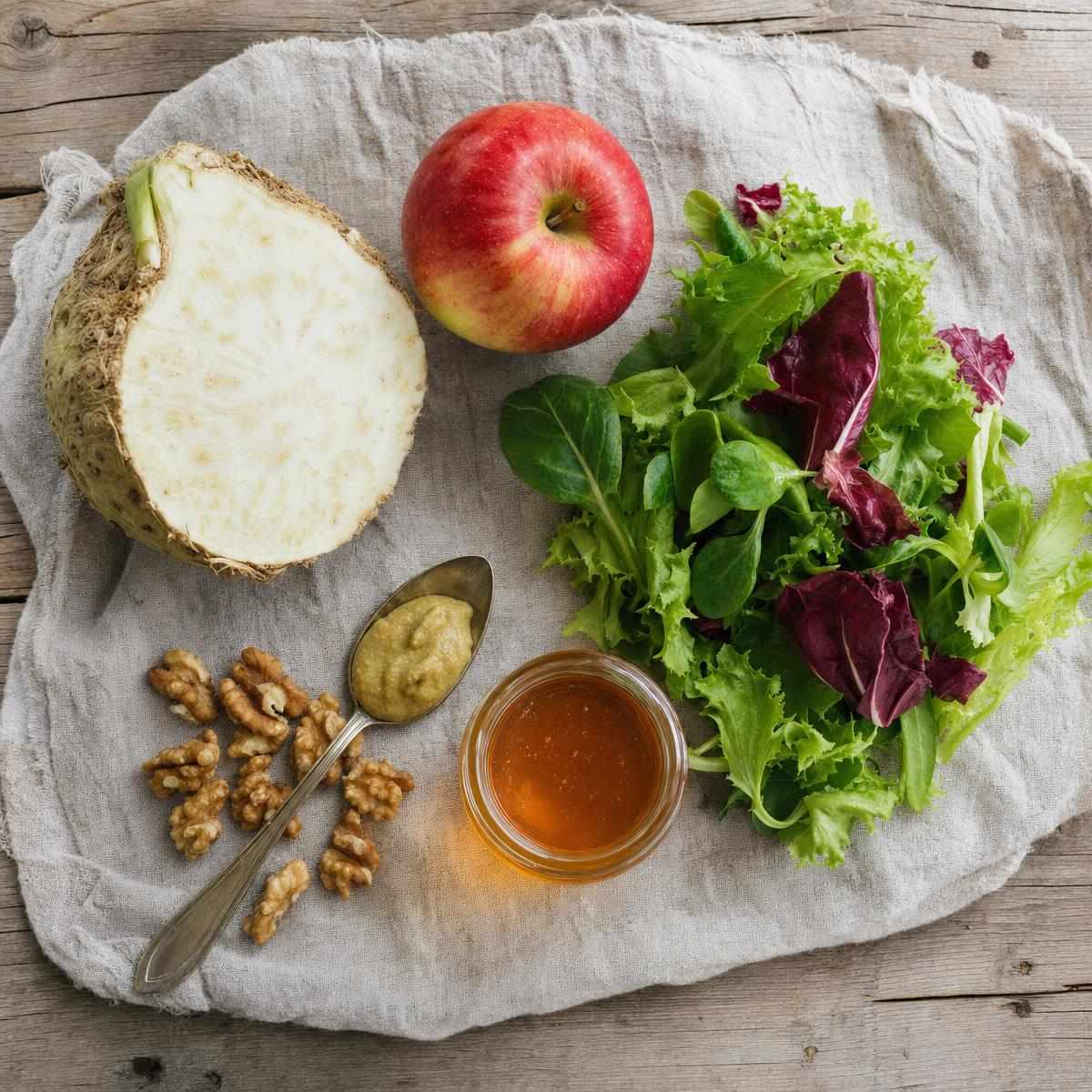 Ingrediënten voor Lauwwarme salade met knolselderij en sla (AI-gegenereerde afbeelding)