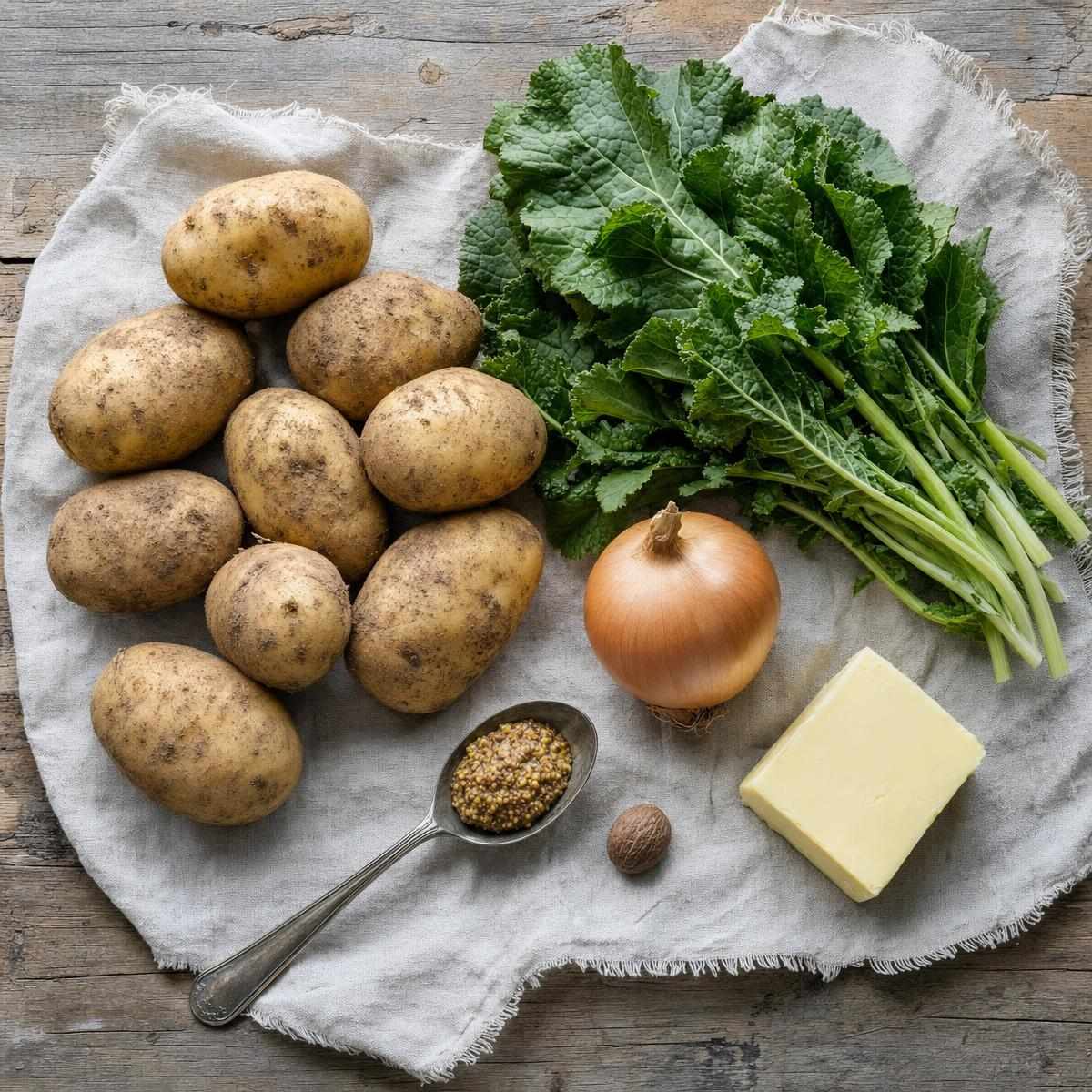 Ingrediënten voor Beierse winterstamppot met Grün im Schnee, aardappel en ui (AI-gegenereerde afbeelding)