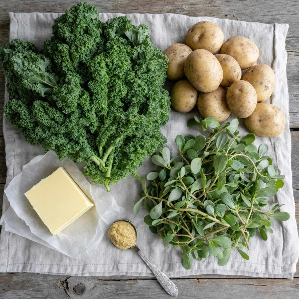 IngrediΓ«nten voor Warme stamppot boerenkool met winterpostelein-topping (AI-gegenereerde afbeelding)
