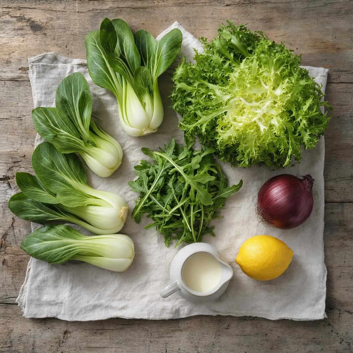 Ingrediënten voor Warm-groene bowl met geroosterde mini paksoi en romige andijvie (AI-gegenereerde afbeelding)