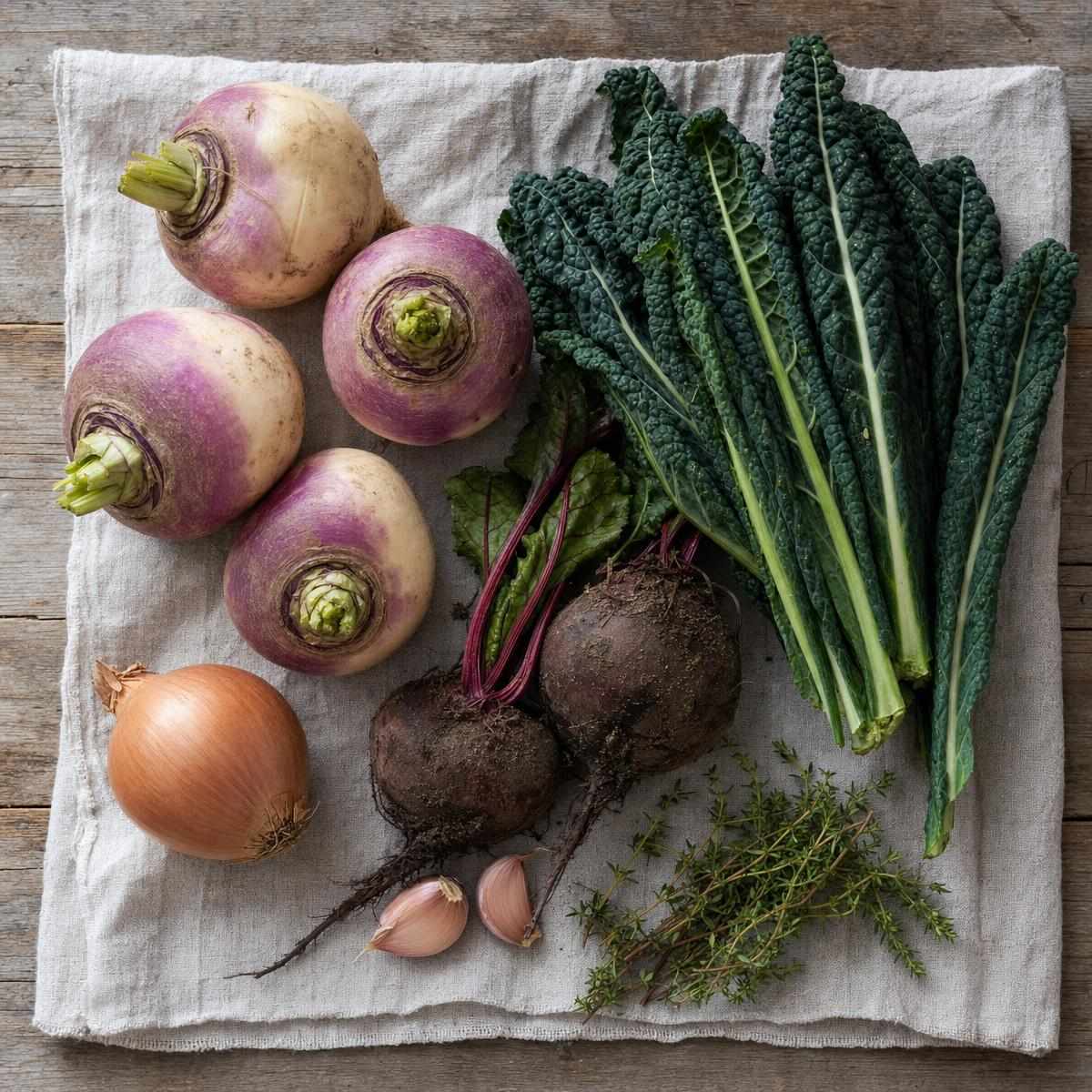 Ingrediënten voor Herfststoof met herfstraap, palmkool en bieten (AI-gegenereerde afbeelding)
