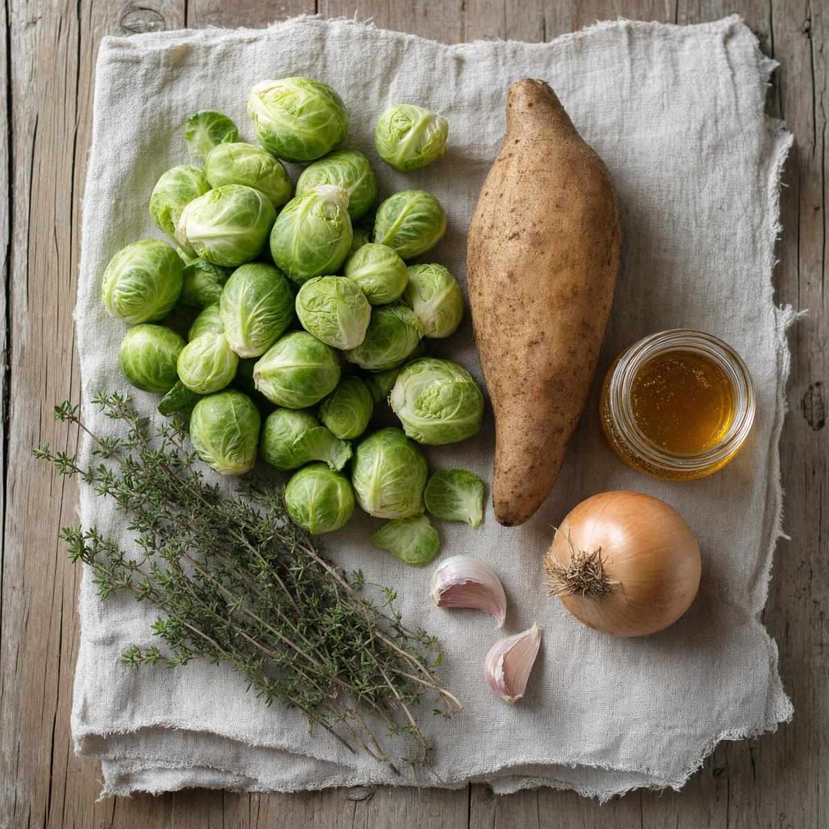 Ingrediënten voor Geroosterde spruiten en yacon met honing-mosterd en knapperige tijm (AI-gegenereerde afbeelding)