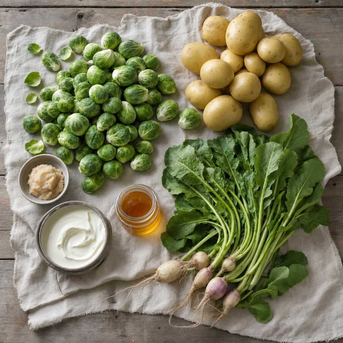Ingrediënten voor Geroosterde spruiten met miso-honing en krokante aardappels (AI-gegenereerde afbeelding)