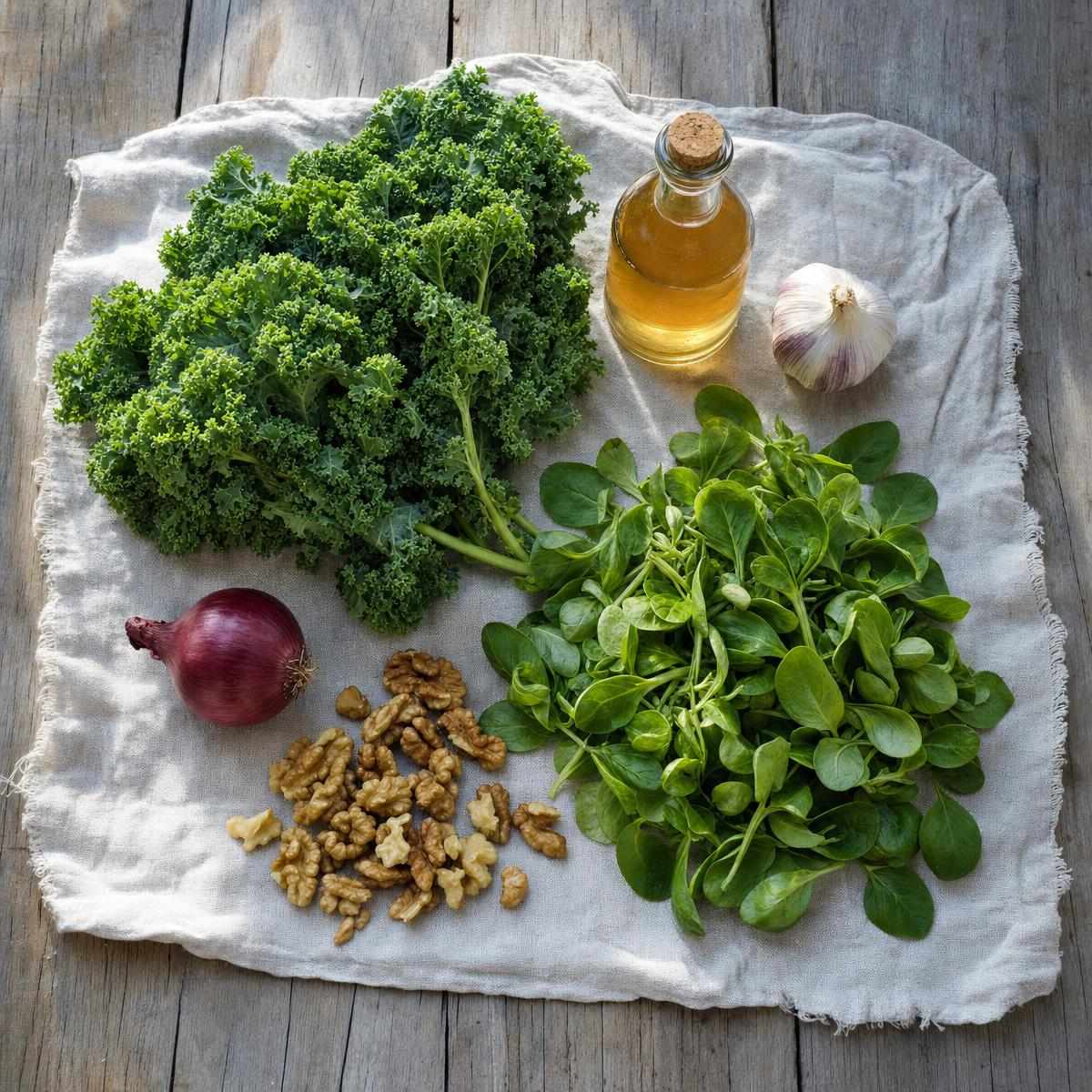 Ingrediënten voor Winterse boerenkool-veldsla salade met warme knoflookdressing (AI-gegenereerde afbeelding)
