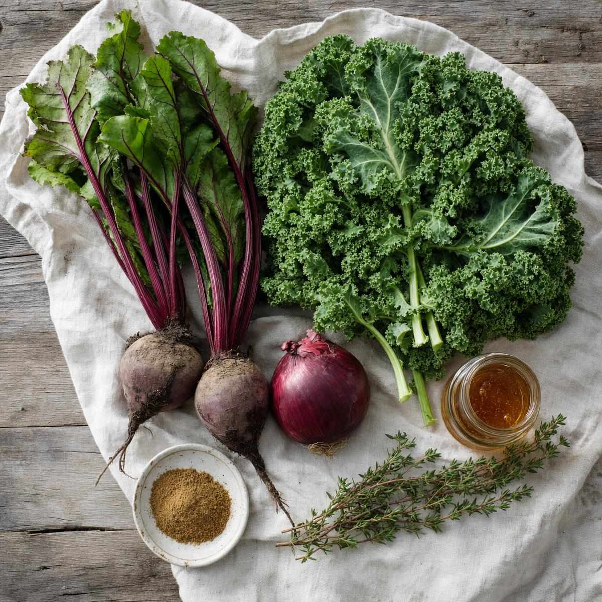 Ingrediënten voor Geroosterde boerenkool met biet uit de oven (AI-gegenereerde afbeelding)