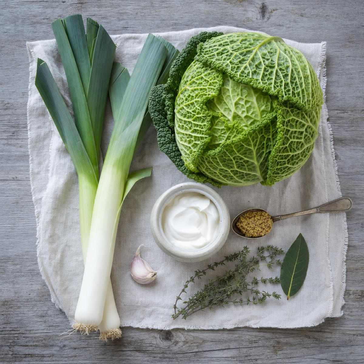 Ingrediënten voor Romige savooiekool-prei stoof met mosterd en tijm (AI-gegenereerde afbeelding)