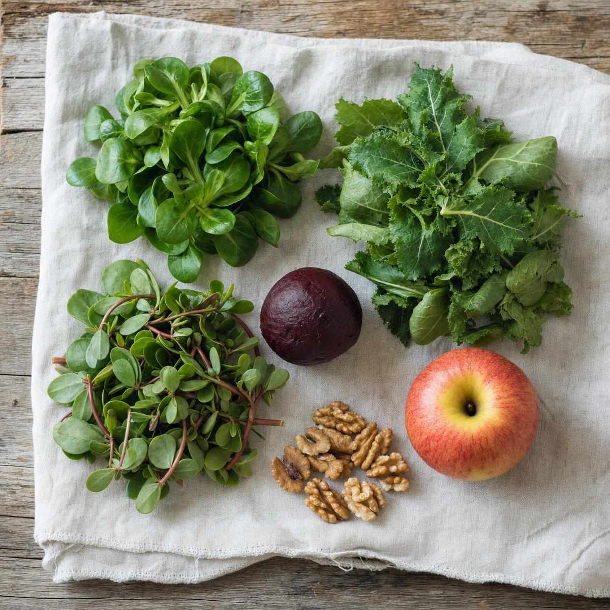 Ingrediënten voor Wintersalade met veldsla, Grün im Schnee en winterpostelein (AI-gegenereerde afbeelding)