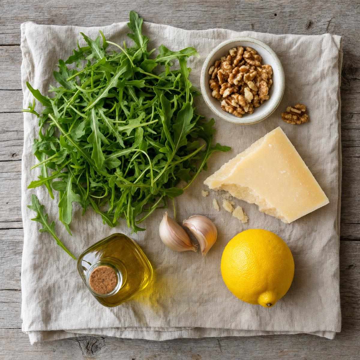 Ingrediënten voor Rucola pesto met walnoten (AI-gegenereerde afbeelding)