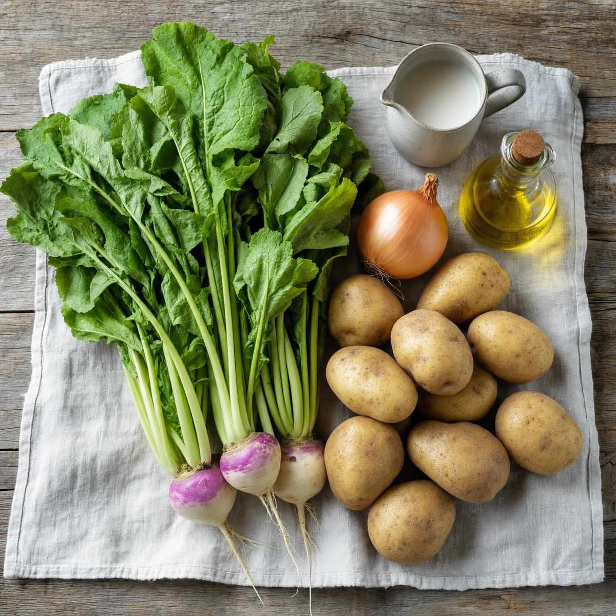 Ingrediënten voor Plantaardige stamppot van raapsteeltjes met jus (AI-gegenereerde afbeelding)