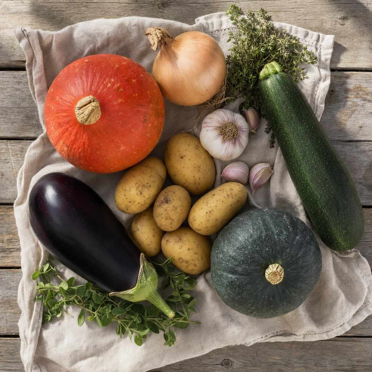 Ingredi&euml;nten voor ovenschotel met pompoen, aardappel, courgette en aubergine (AI-gegenereerde afbeelding)