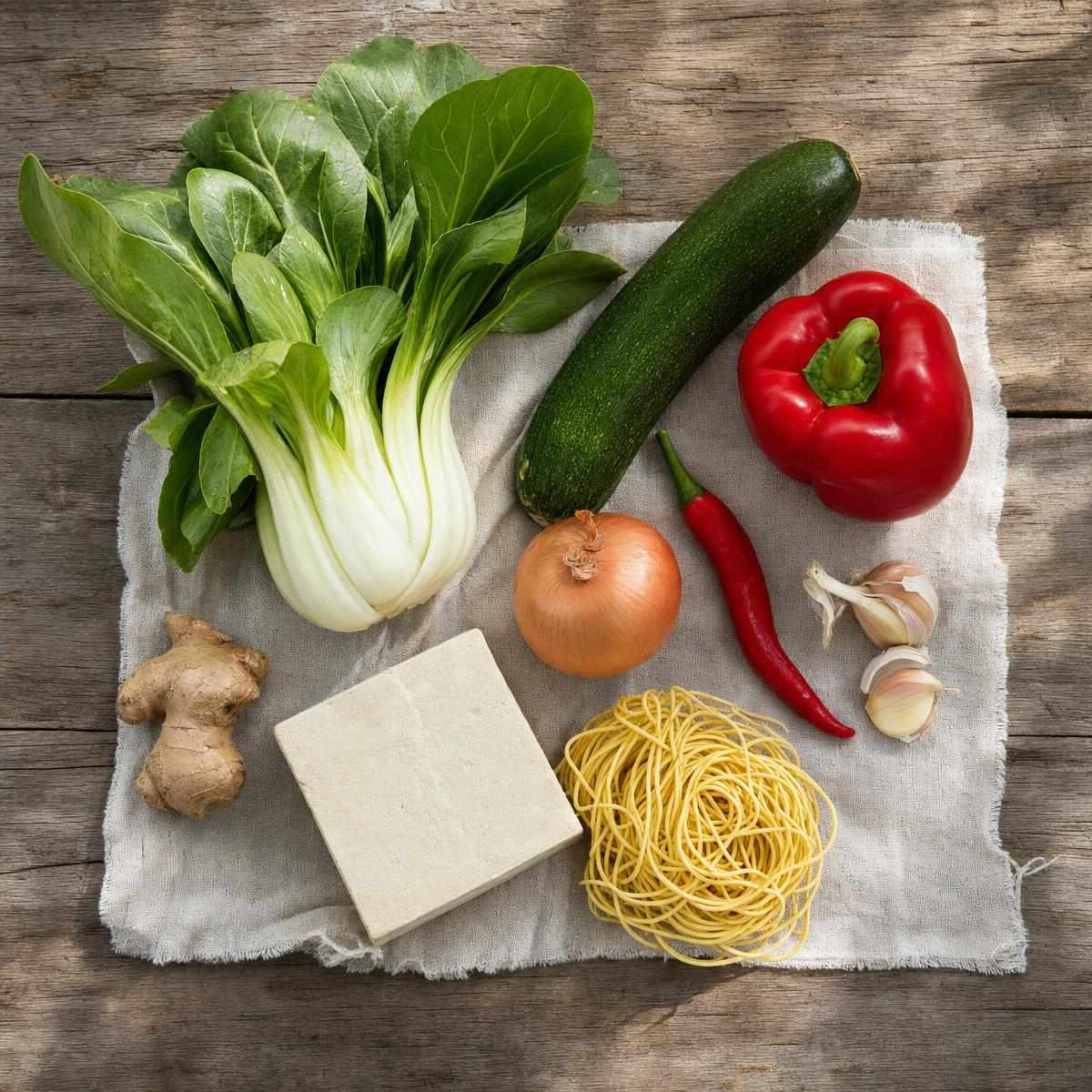 Ingredi&euml;nten voor Chinese roerbak met paksoi of Chinese kool (AI-gegenereerde afbeelding)